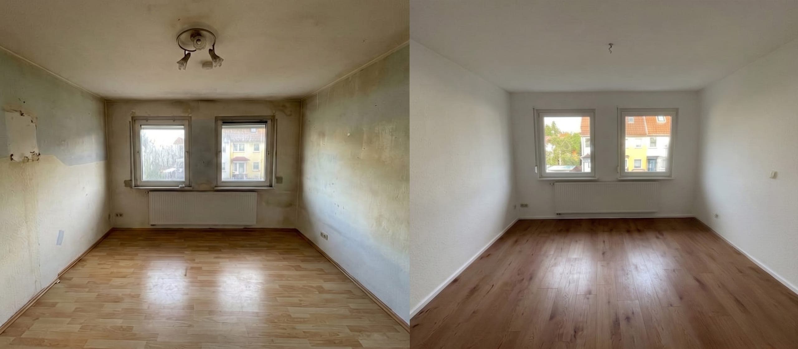 Wohnzimmer vor und nach der Renovierung — links fleckige Wände, rechts frischer Anstrich und neuer Boden